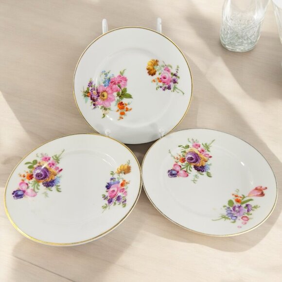 Vintage Czech Porcelain Dish Plate Gold Trim Floral Pattern Czechoslovakia Set 3 - Picture 1 of 13
